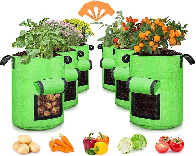 10 Gallon Potato Grow Bags, 6 Pack, Two-Sided Transparent Window Garden Planting Bag with Durable Handle, Thickened Nonwoven Fabric Pots Vegetable Grow Bags for Tomato, Carrot, Onion, Fruits, Flower