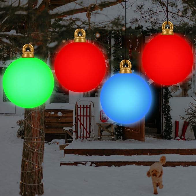 [Light up] Inflatable Ornaments Balls Outdoor 2Pcs: Flashes in Red | Green | Blue and Timer, 24 Inch Giant Christmas Inflatable Ornaments, Reusable PVC - Blow Up Ornament Balls for Yard, Porch, Party