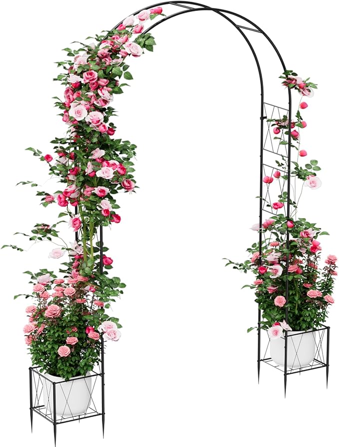 Metal Garden Arch Trellis for Climbing Plants Outdoor, Garden Arbors Archway Arched Trellis with Planter Boxes, Wedding Arches for Ceremony Arch Backdrop Stands for Party Christmas Decorations, Black