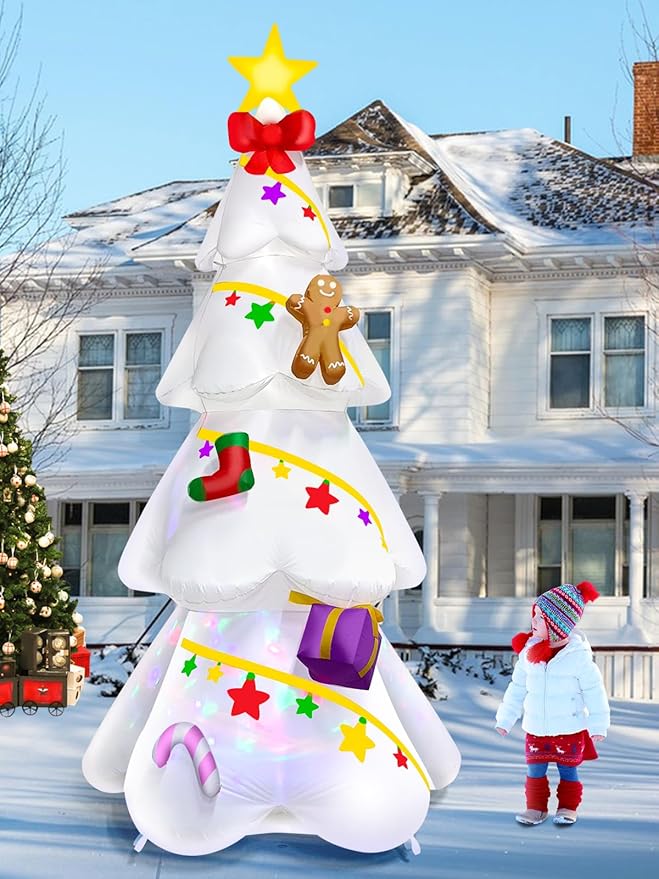 EBANKU 9 FT Christmas Inflatable Xmas Tree Outdoor Decorations, Blow Up Yard Decoration Christmas Tree with Star Gingerbread Man, Build in LEDs, Colorful Rotating Light for Holiday Indoor Garden Lawn