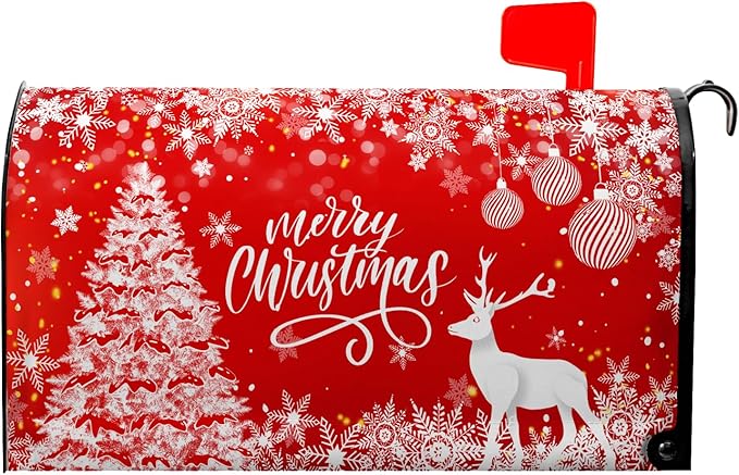 Merry Christmas Mail Box Covers Magnetic Standard Size 21x18 inch Winter Deer Snowflake Mailbox Cover Xmas Tree Mail Box Wrap for Outside Garden Yard Red