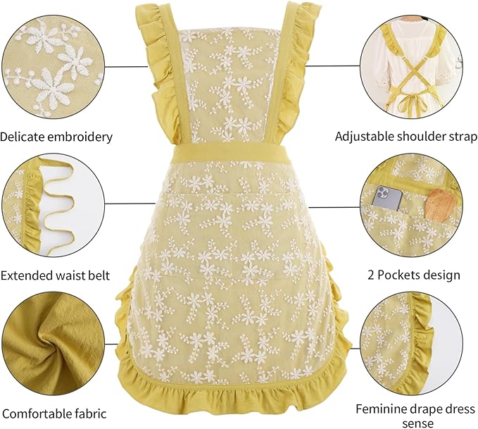 Vintage Pinafore Apron Dress for Women with Pockets Cute Floral Chef Aprons for Kitchen Cooking Baking Gardening