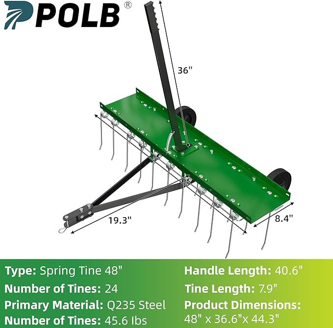 48 Inch Green Tow Dethatcher with 24 Spring Steel Tines, Pull Behind Dethatcher for Outdoor Yard Care, Garden Farm Grass Tractor Rake to Remove Thatch, Leaves and Needles from Large Lawn Areas