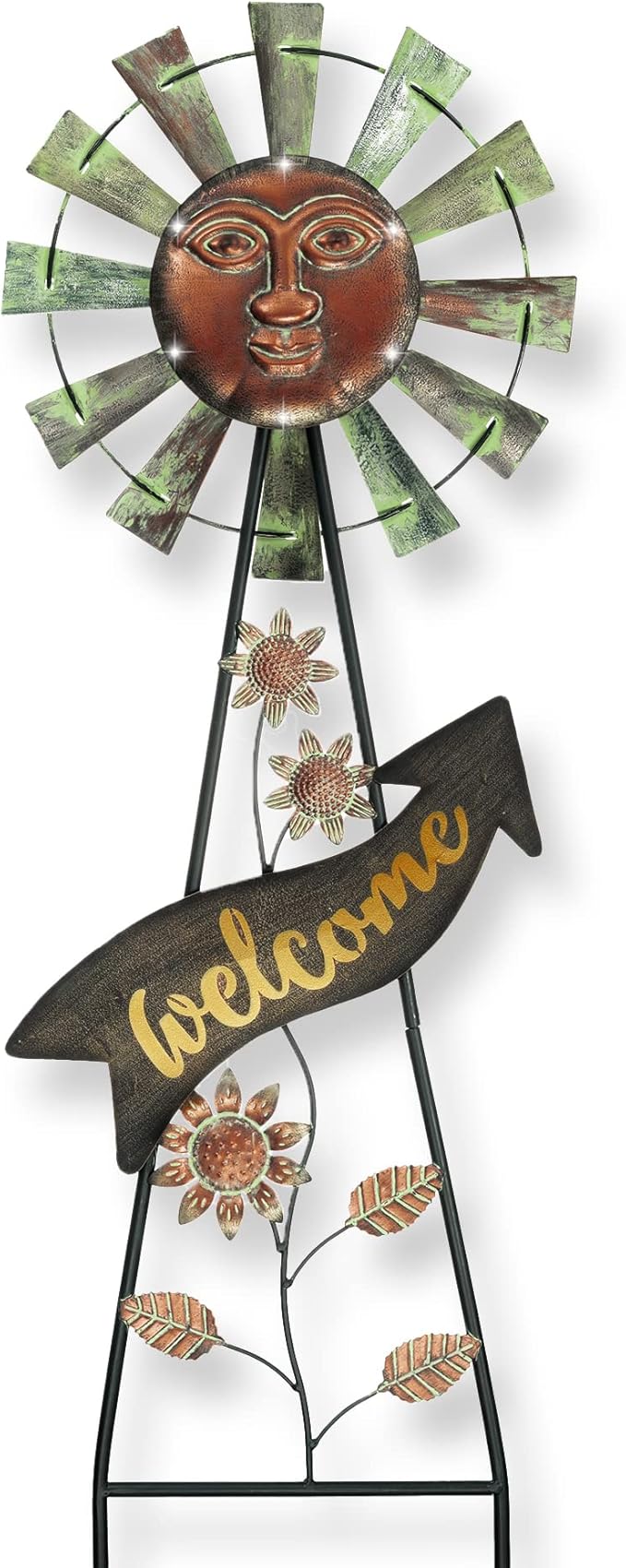 TERESA'S Collections Garden Decor with Solar Outdoor Lights, Wind Spinner Yard Art Sign for Outside, 37'' Bronze Metal Sun Face Windmill Decorative Garden Stake for Lawn Ornaments, Gifts for Mom