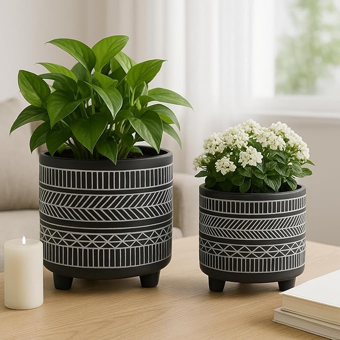 Set of 2 Tribal Look Footed Decorative Planter Pot – Ceramic Stoneware Outdoor and Indoor Plant Pot – Modern Garden and Home Decor Planters – 6" and 8", Black