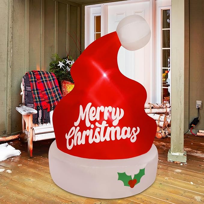 Juegoal Christmas Inflatables Outdoor Decorations, 5FT Inflatable Xmas Hat, Lighted Blow Up Giant Red Hat with Built in LED Lights, Light Up Holiday Winter Roof Lawn Yard Garden Decor