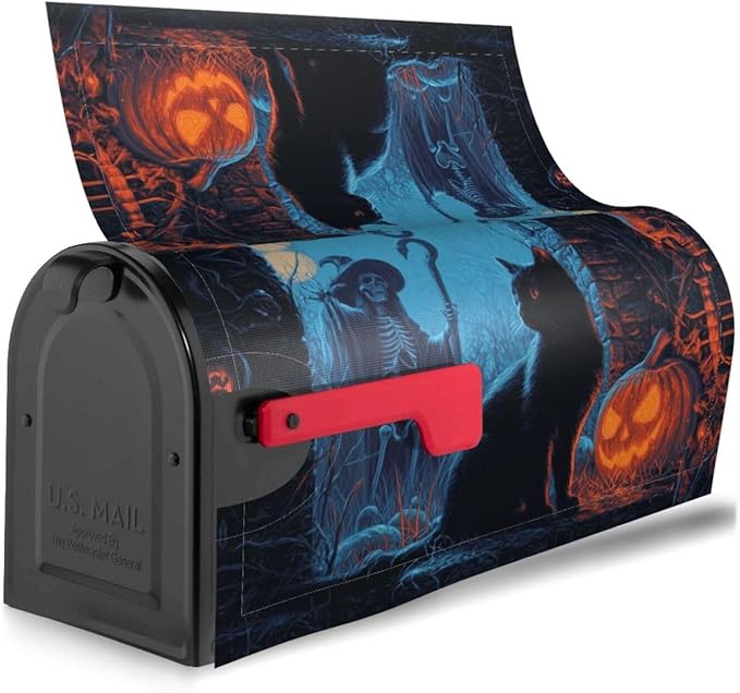 Halloween Skull Cat Mailbox Covers Magnetic Letterbox Covers 21x18 Inch for Garden Outdoor Decoration