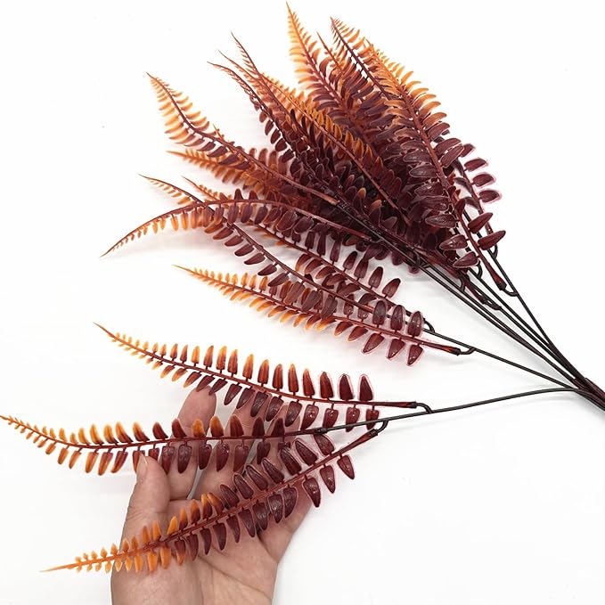 CATTREE Artificial Fern Shrubs, Plastic Plants Boston Ferns Grass Fake Bushes Greenery Leaves Wedding Indoor Outdoor Home Garden Verandah Office Table Centerpieces Arrangements Decoration Red 6 Pack