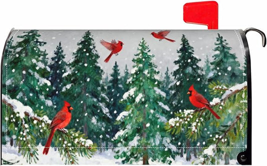 Winter Christmas Mailbox Covers Magnetic Standard Size Snow Scene Theme Green Red Cardinal Xmas Tree Outdoor Decorative Holiday Seasonal Letter Box Cases for Home Garden Outside Decor, 21x18 Inch
