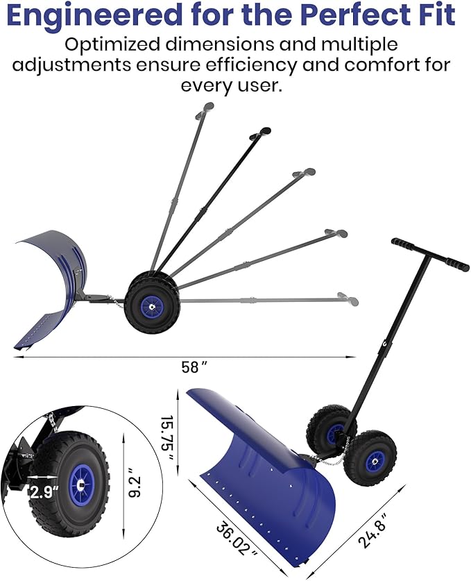 Snow Pusher with Wheels for Driveway, 36" Wide Heavy Duty Steel Blade, 5-Position Angle Adjustment & 60° Tilt Handle, Ergonomic Push Snow Shovel with Ground Protection for Effortless Snow Removal