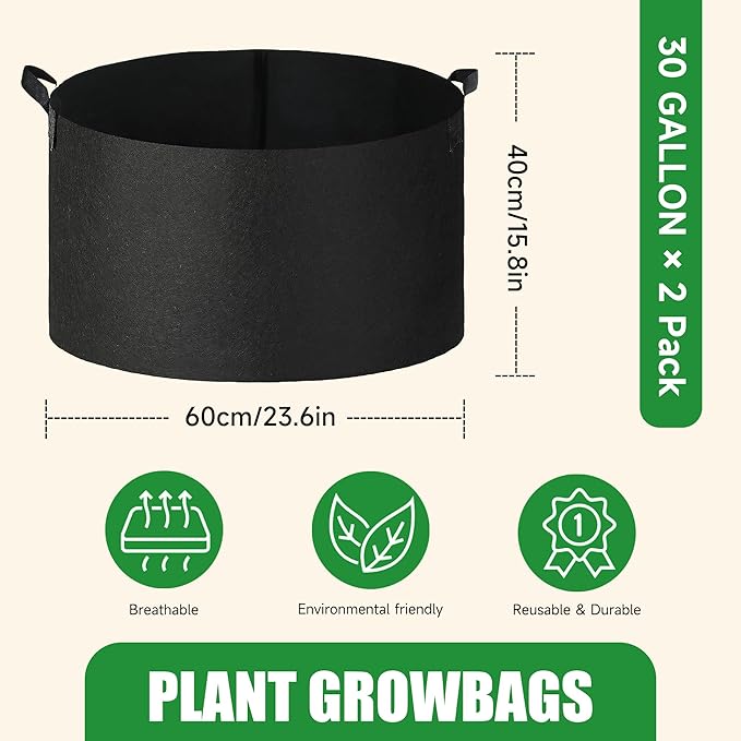 2-Pack 30 Gallon Fabric Grow Bags with Handle, Heavy Duty 300G Thickened Nonwoven with Handles and Reusable, Suitable for Garden Vegetables,Fruits and Flowers(Black)