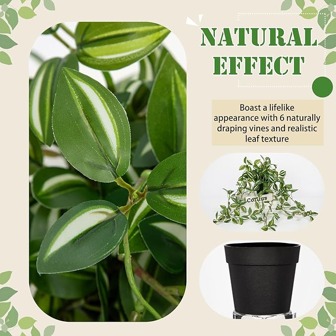 2 Pack Fake Hanging Plants for Shelf in Back Pot, Small Artificial Hanging Ivy Vine Plants Indoor Fake Potted Greenery Plant Decor Room Bathroom Wall End Table Mimi Faux Wandering Jew Plant Set