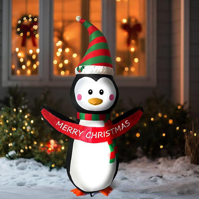 HONGLAND 4 FT Christmas Inflatables Giant Penguin Outdoor Decorations, Built-in Bright LED Light with Merry Christmas Sign, Weatherproof Holiday for Garden Lawn Patio Party Xmas Gifts