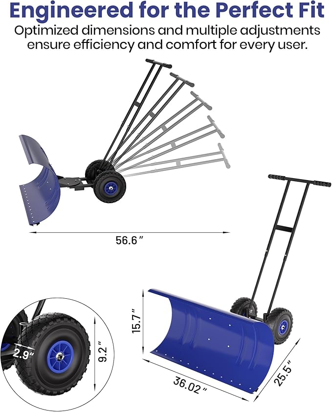 Snow Pusher with Wheels for Driveway, 36" Wide Heavy Duty Steel Blade, 7-Position Angle Adjustment & 60° Tilt Handle, Ergonomic Push Snow Shovel with Ground Protection for Effortless Snow Removal