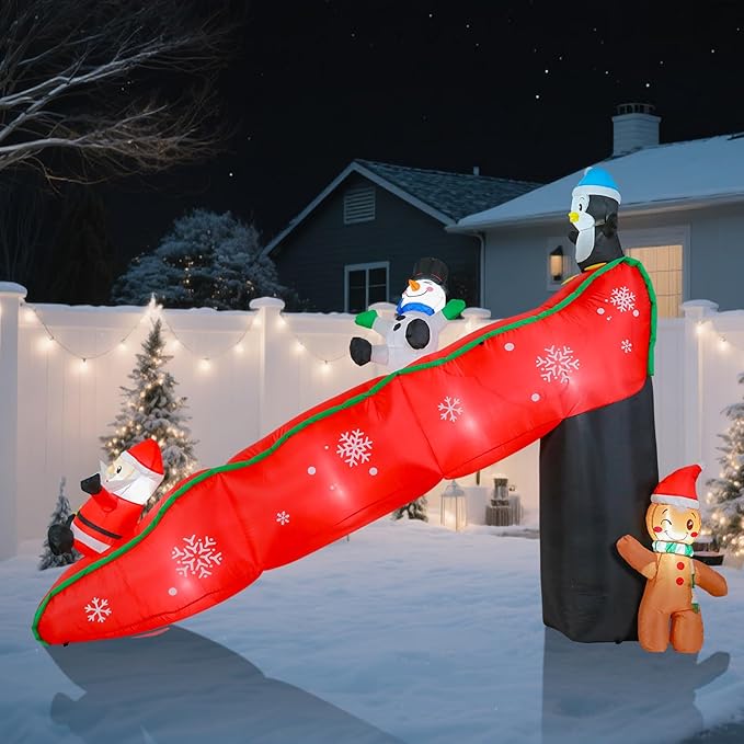 VCUTEKA Christmas Inflatables Outdoor Decorations, 9.7FT Snowy Slide with Santa, Snowman, Penguin, Gingerbread Man, Animated Christmas Inflatable Yard Decoration LED Lights for Holiday Lawn Garden