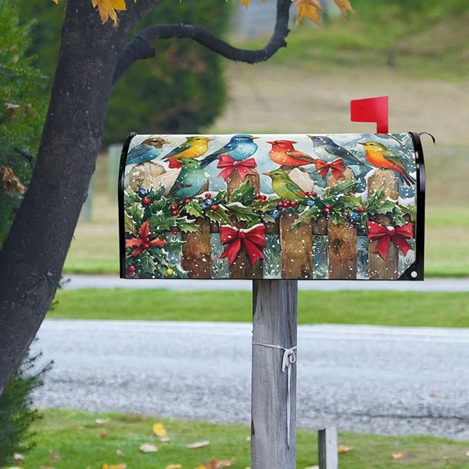 SUABO Mailbox Cover Christmas Colorful Birds Standard Magnetic Mailbox Covers Wraps for Christmas Home Yard Garden Decor