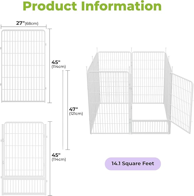 SunsGrove Tall Garden Fence with Gate, 45 in(H) x 17.8 ft(L) 8 Panels Heavy Duty Metal Animal Barrier Fence for Yard, Suitable for Indoor or Outdoor Dog Pet Fence, Garden Fence Border, White