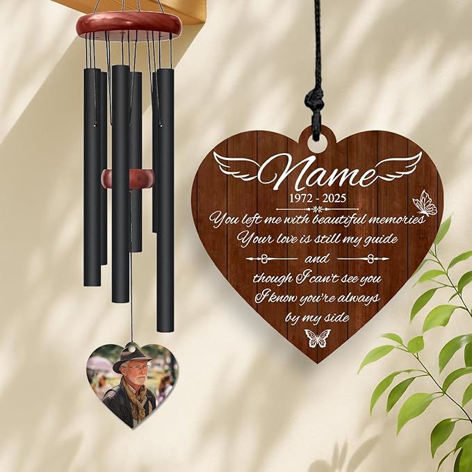 Personalized Dad Memorial Wind Chime – “You Left Me with Beautiful Memories” Custom Name & Years – Heart Shaped Angel Wing Sympathy Gift – Outdoor Remembrance Windchime for Loss of Father or Husband
