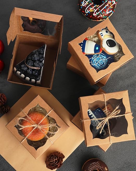 qiqee Brown Bakery Box with Window 4x4x2.5 inch 30Packs Macaron Boxes Small Donut Pastry Boxes for Party Mini Cookie Boxes