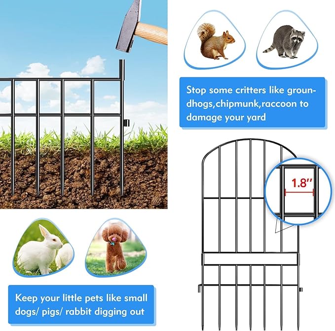 Adavin Animal Barrier Garden Fence,10 Pack Black 12''L x 25" H no dig Fence, Underground dig Protection for Dog Rabbits Rustproof Metal Wire Panel Border, 10 ft Ground Stakes for Outdoor Patio