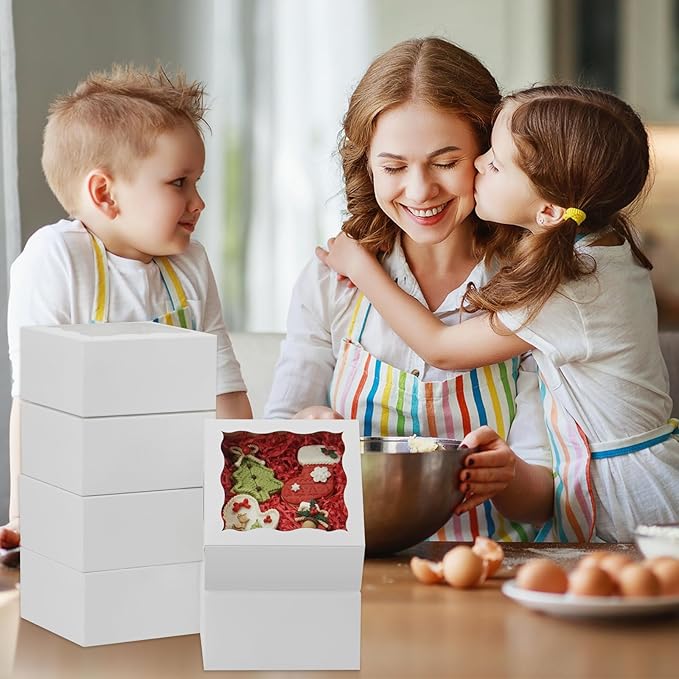 50pcs Cookie Boxes 5x5x2.5 Inches Bakery Boxes with Window Treat Box Dessert Box for Pastry Strawberries Chocolate Mini Cake Donuts - White