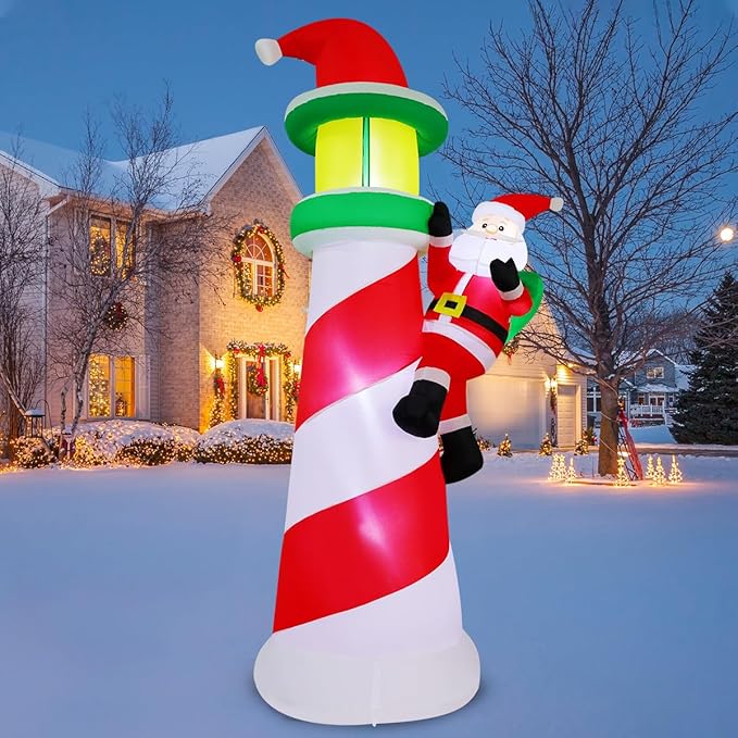 COMIN 10.1 FT Christmas Decorations Outdoor Inflatables Santa Claus Climb The Lighthouse Blowups with Built-in LEDs for Yard Party Lawn Decor
