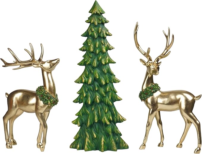 Newman House Studio Standing Reindeer Tree Figurine Christmas-Decor - 3PC Large Christmas Reindeer Decor Indoor Gold Resin Deer with Tree Statue White Farmhouse Decor 10.75 * 7 * 20.25 inch