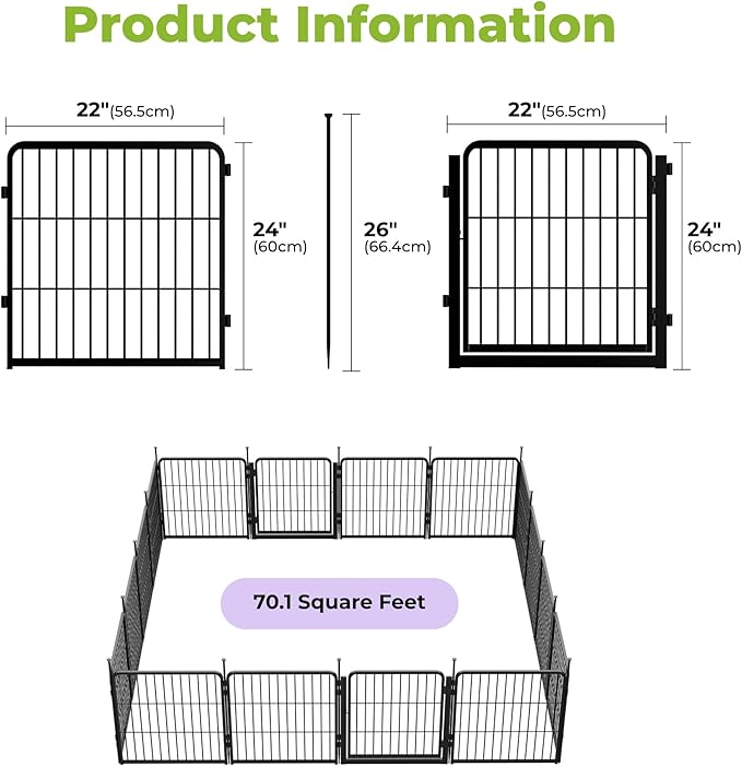 SunsGrove Garden Fence with Gate, 24 in(H) x 29.7 ft(L) 16 Panels Heavy Duty Metal Animal Barrier Fence for Yard, Suitable for Indoor or Outdoor Dog Pet Fence, Garden Fence Border, Black