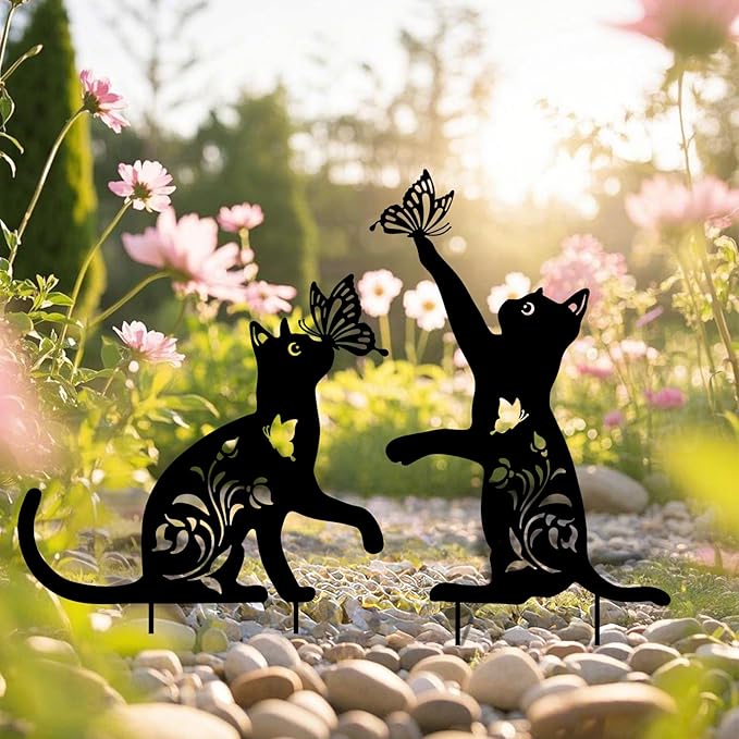 WONDER GARDEN Metal Cat Decor for Outside - 2 Pack Garden Stakes Decorative, Black Cat Silhouette Statues Lawn Ornaments Yard Art Patio Decor Women Men Mom Gifts