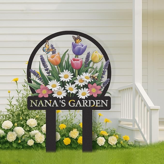 Personalized Garden Signs, Colorful Flowers Garden Decor for Outside, Decorative Yard Stakes, Metal Yard Art, Patio Decor, Custom Last Name Sign, Lawn Art, Gardening Gifts Color01