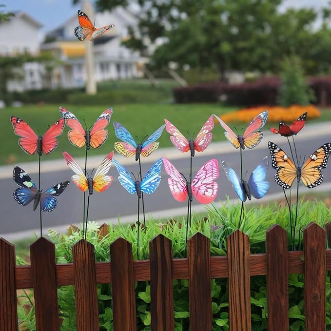 24pcs Butterfly Garden Posts - Colorful Metal Butterfly Decorations for Outdoor Gardens, courtyards, Flower beds, Indoor planters, Party Decorations - Waterproof Material