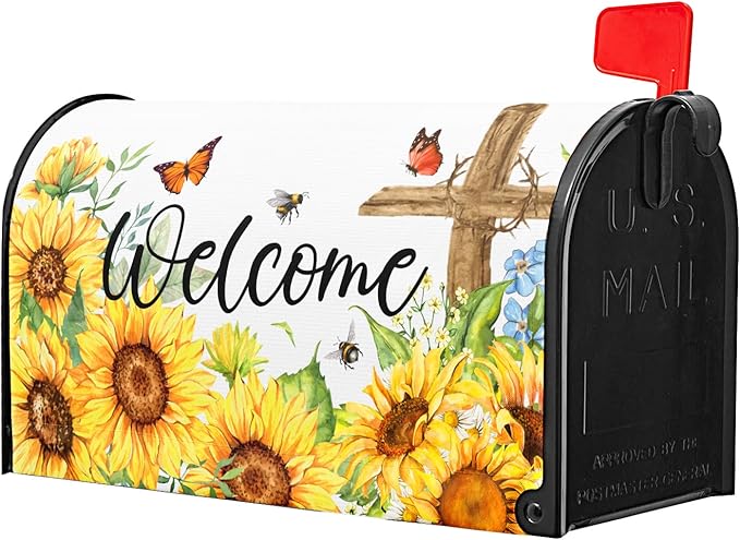Summer Welcome Sunflower Mailbox Cover Magnetic Standard Size 25.5" X 21" Flower Wraps for Post Letter Box Decor Outside Garden Yard Home Outdoor Decoration