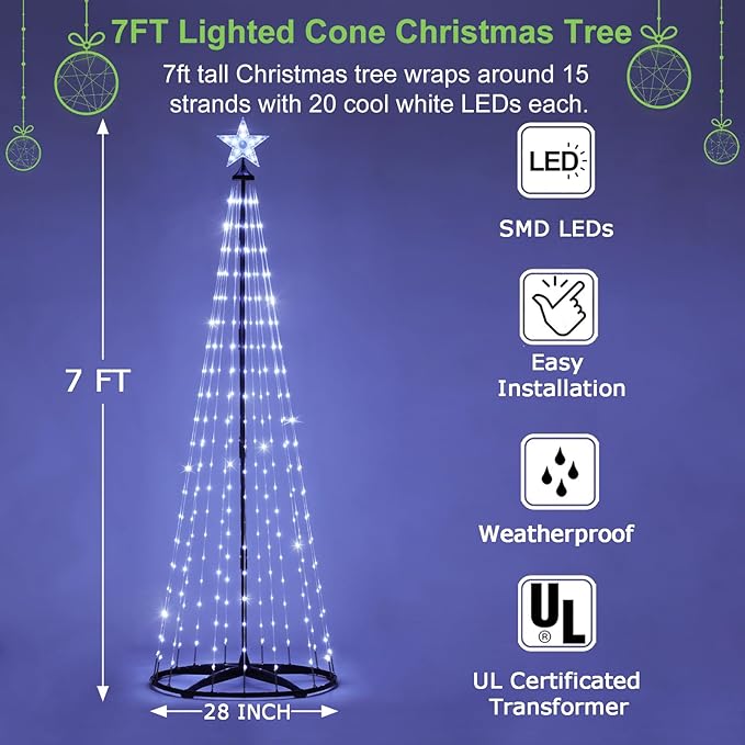7 ft Lighted Outdoor Christmas Tree, 310 LEDs Pre-lit Christmas Cone Tree with Star Topper for Indoor and Outdoor Holiday Decorations (Cool White)