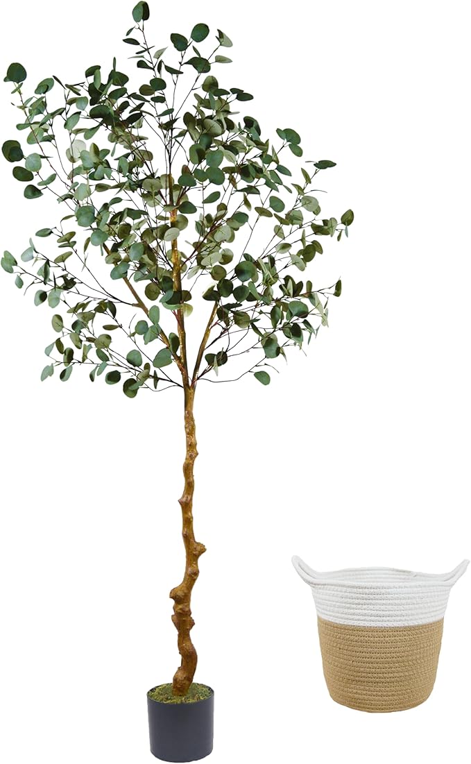 Artificial Eucalyptus Tree, 7ft Tall Fake Eucalyptus Plant with Basket, Green Silver Dollars Silk Leaves Large Faux Tree for Home Office Livingroom Floor Decor Indoor