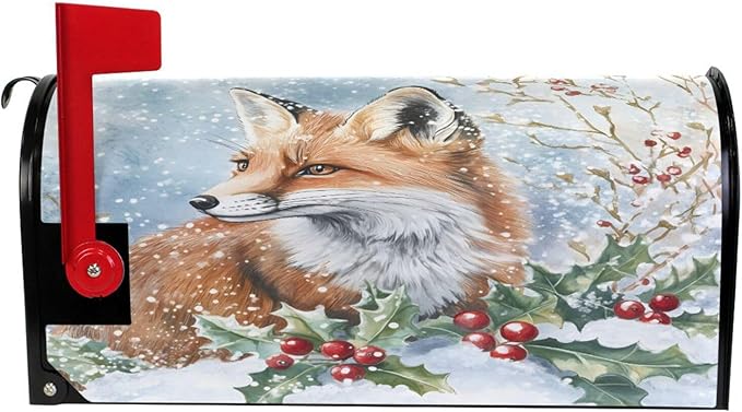 SUABO Mailbox Cover Fox Holly Berry Oversize Magnetic Mailbox Covers Wraps for Christmas Home Yard Garden Decor