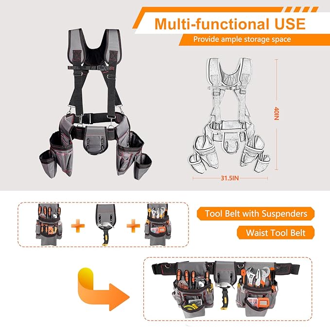 Tool Belt with Suspenders, Professional Tool Belt for Men, 18-Pocket Adjustable Heavy Duty Tool Organizer for Electrician, Carpenter, Framer, Construction Worker, Gray & Orange (32''–66'')