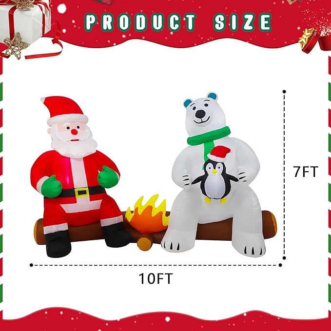 10FT Long Christmas Inflatables Decorations, Outdoor Santa & Polar Bear Campfire Giant Blow Up with Built-in LED Lights for Yard Garden Lawn Holiday Decor