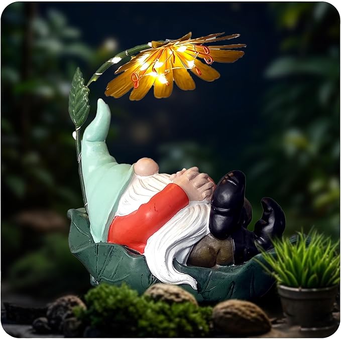 Solar Powered Gnome Garden Statue - Resin Gnome on Green Leaf with Large Yellow Stamen Sunshade, LED Lights Decorations, for Women Men, Outdoor Decor Ornaments for Outside