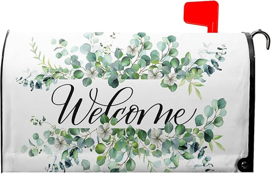 Welcome Spring Summer Mailbox Covers Magnetic- Large Size 25.5x21 Inch- Sage Green Eucalyptus Leaves Wreath Mailbox Wrap Letter Post Cover Decoration for Yard Garden Outdoor Home