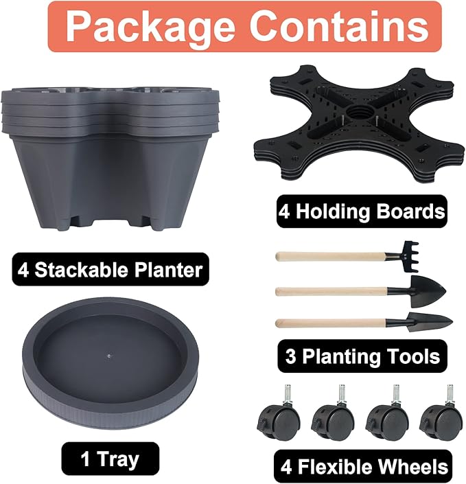 GameXcel Vertical Planter 4 Tier Stackable Planters Garden Planters Strawberry Herb Flower and Vegetable Planter Indoor Outdoor Gardening Pots with Removable Wheels and Tools