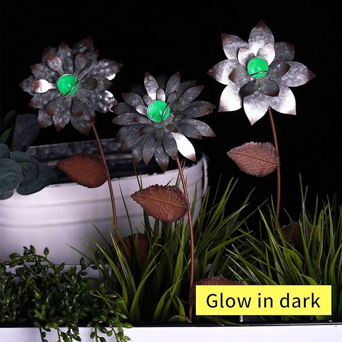 Floral Garden Stake Glow in Dark Outdoor Plant Pick Cute Metal Flower Stick Art Ornament Decorate for Lawn Yard Patio,3 Set