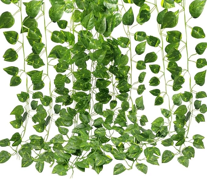 Unilove 84 feet 12 Pack Fake Vines Artificial Ivy Leaves Plants Hanging Greenery Plant Garland for Bedroom Office Wall Decor Indoor Outdoors (84Ft Artificial Scindapsus Leaves)