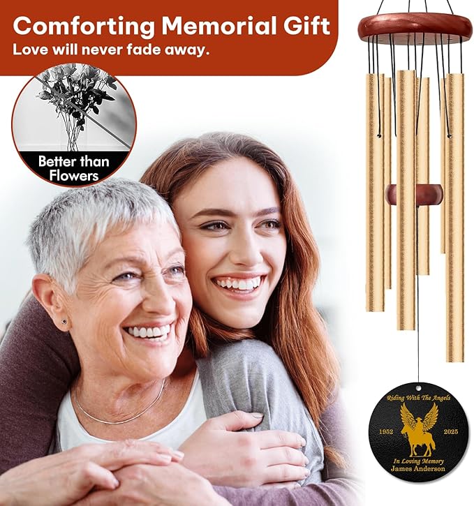 Personalized Cowboy Memorial Wind Chime – “Riding with The Angels” Custom Name & Years – Winged Horse Engraved Western Sympathy Gift – Outdoor Remembrance Windchime for Loss of Loved One