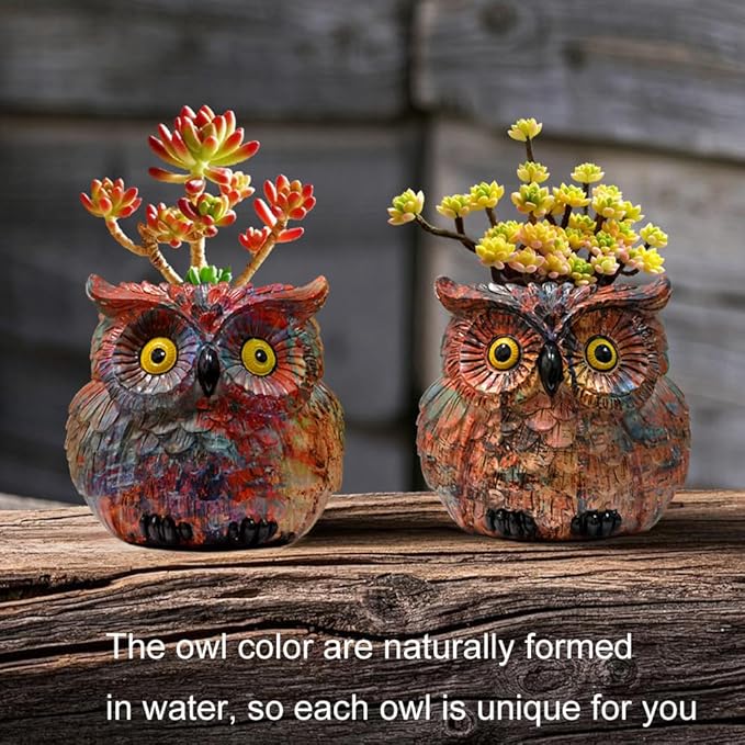 Owl Planter, Owl Succulent Pots, Owl Flower Pot, Owl Statue Decor, Cute Plant Pots Indoor/Outdoor, Animal Bird Planters with Drainage, Owl Vase Gifts for Women Mother Teacher, Pen Brush Holder Brown