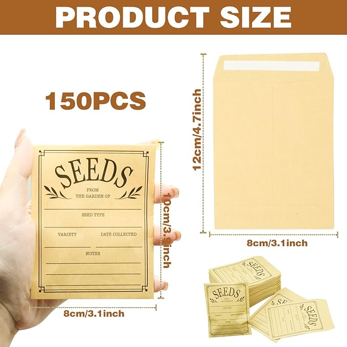 150 Pcs Seed Envelopes, Resealable Seed Packets Envelope Self Adhesive Sealing Seed Saving Envelopes Small Brown Paper Seed Storage Envelopes 3.1x4.7 Inch for Collection of Flower Vegetable Seeds