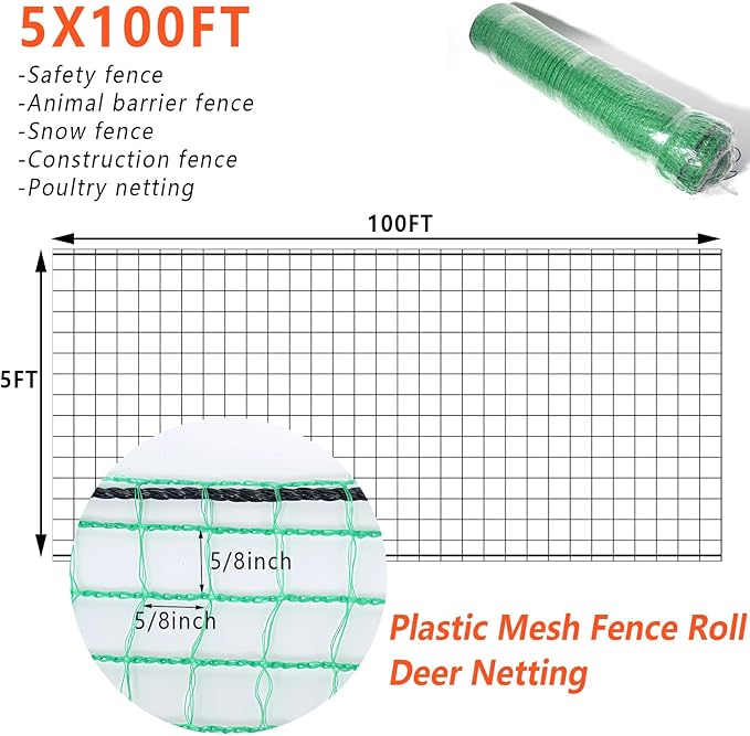 5'x100' Temporary Fence, Garden Fencing Plastic Mesh Fence, Safety Fence, Snow Fence, Construction Fence, Animal Barrier for Dog, Deer, Chicken, Poultry, Deer, Rabbit, Green