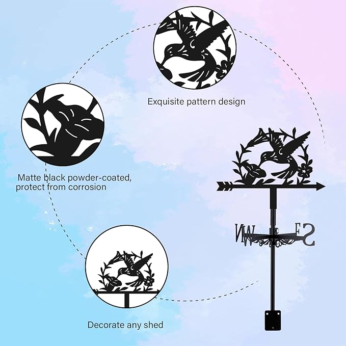 3D Hummingbird Weathervane Metal Wind Vane Weathercock Garden Decoration Wind Direction Indicator Stake Roof Mount Ornament for Farmhouse Yard Outdoor