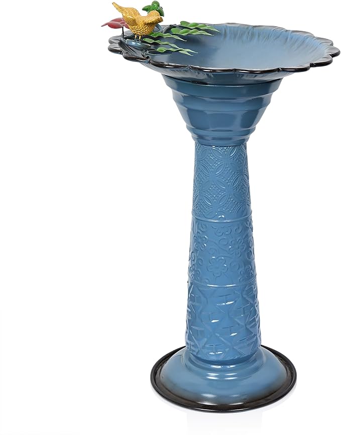 Alpine Corporation ORS112BL Vintage Metal Pedestal Birdbath with Stand, Shallow Bird Bath Bowl for Outside, 28" H, Blue