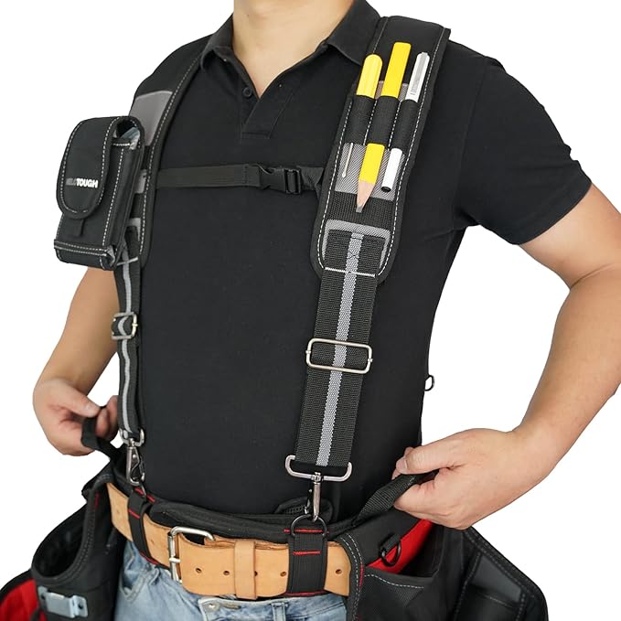 MELOTOUGH Tool Belt Suspenders Construction Work Suspenders with detachable phone holder comfortable foam shoulder padder (Grey)