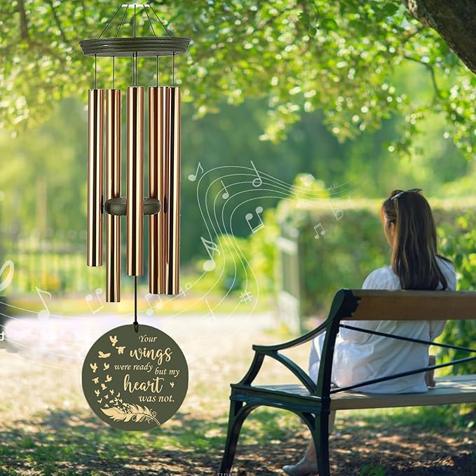 Sympathy Wind Chimes, Personalized Memorial Wind Chimes for Loss of Loved Ones, Feather Heaven Sympathy Gifts, Deep Tone Wind Chime for Condolences/Funeral 36inch (Produced in USA)